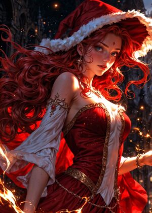 Enchanted Holiday Sorceress: Crimson Glow - Premium Wooden Framed Poster. Ready to Hang.