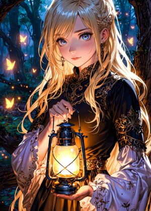 Mystical Forest Maiden: Lantern Light - Premium Wooden Framed Poster. Ready to Hang.