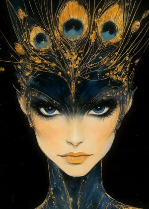 Mystical Peacock Woman: A Captivating Art Print - Premium Wooden Framed Poster. Ready to Hang.