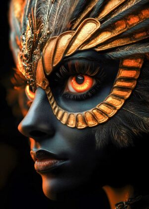 Mystical Golden Eye Mask: A Portrait of Enchanting Power - Premium Wooden Framed Poster. Ready to Hang.