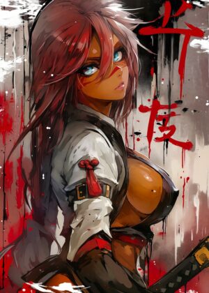 Blue-Eyed Anime Samurai Woman: Fierce Warrior Art Print - Premium Wooden Framed Poster. Ready to Hang.