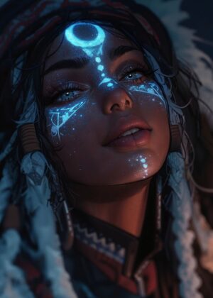 Glowing Face Art: Celestial Beauty - Premium Wooden Framed Poster. Ready to Hang.