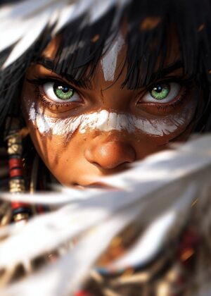 Close-Up Portrait of a Woman with Striking Eyes - Premium Wooden Framed Poster. Ready to Hang.