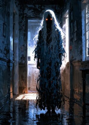 Ethereal Apparition in a Haunted Hallway - Premium Wooden Framed Poster. Ready to Hang.