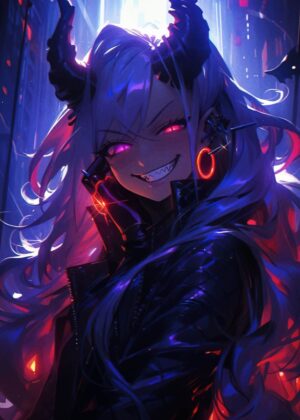 Anime Demon Girl Art Print: Dark Fantasy Illustration - Premium Wooden Framed Poster. Ready to Hang.