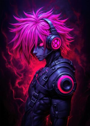 Neon Cyberpunk Anime Girl Art Print - Premium Wooden Framed Poster. Ready to Hang.