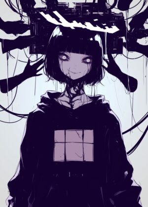Cyberpunk Anime Girl: Digital Dreams - Premium Wooden Framed Poster. Ready to Hang.