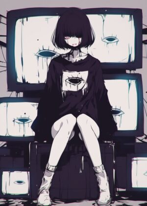 Anime Girl Surrounded by TV Screens with Eyes - Premium Wooden Framed Poster. Ready to Hang.
