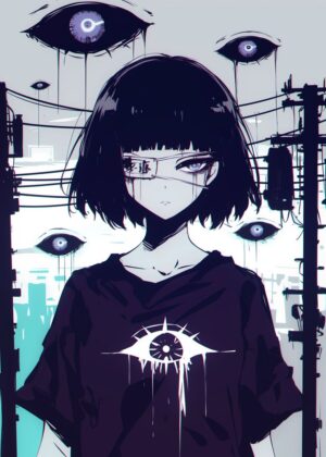Anime Girl with Eyes: Dark Fantasy Art Print - Premium Wooden Framed Poster. Ready to Hang.