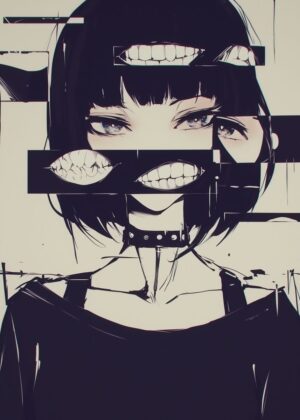 Anime Girl Glitch Art: Distorted Beauty - Premium Wooden Framed Poster. Ready to Hang.