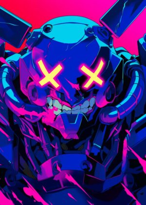 Neon Cyberpunk Robot X-Eyes Art Print - Premium Wooden Framed Poster. Ready to Hang.