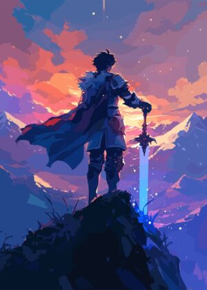 Knight's Sunset Vigil - Premium Wooden Framed Poster. Ready to Hang.