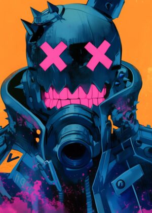Cyberpunk Skull Mask: Digital Art Print - Premium Wooden Framed Poster. Ready to Hang.