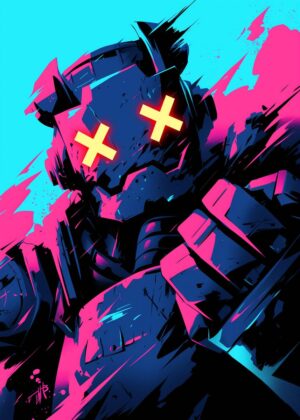 Cyberpunk Robot: Neon X's Digital Art Print - Premium Wooden Framed Poster. Ready to Hang.