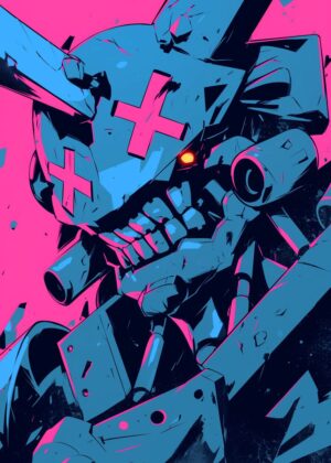 Cyberpunk Mech: Neon Dreams - Premium Wooden Framed Poster. Ready to Hang.