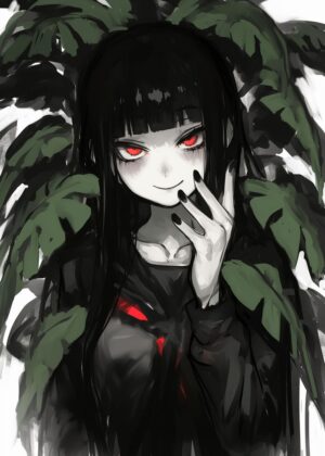 Anime Girl with Glowing Red Eyes - Premium Wooden Framed Poster. Ready to Hang.