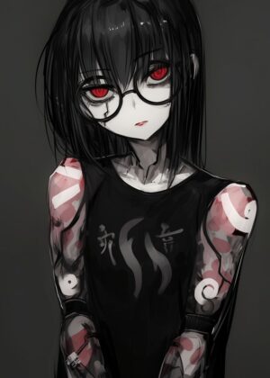 Dark Anime Girl with Intricate Tattoos - Premium Wooden Framed Poster. Ready to Hang.