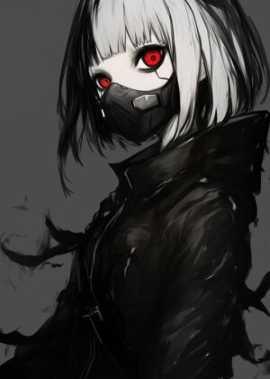 Mysterious Anime Girl with Mask: Dark and Edgy Artwork - Premium Wooden Framed Poster. Ready to Hang.