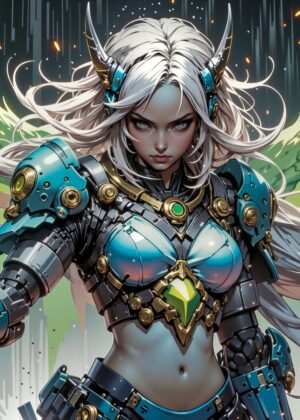 Cyberpunk Female Warrior: Digital Art Print - Premium Wooden Framed Poster. Ready to Hang.