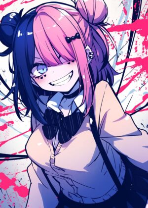 Anime Girl with Pink and Blue Hair - Premium Wooden Framed Poster. Ready to Hang.