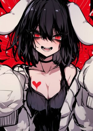 Dark Anime Girl with Bunny Ears: Edgy and Cute - Premium Wooden Framed Poster. Ready to Hang.