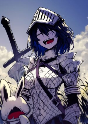 Smiling Knight and Rabbit: Anime Fantasy Art Print - Premium Wooden Framed Poster. Ready to Hang.