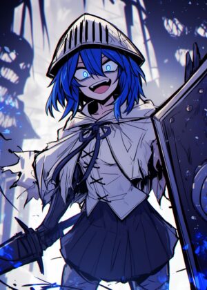 Blue-Haired Knight Girl: Anime Art Print - Premium Wooden Framed Poster. Ready to Hang.