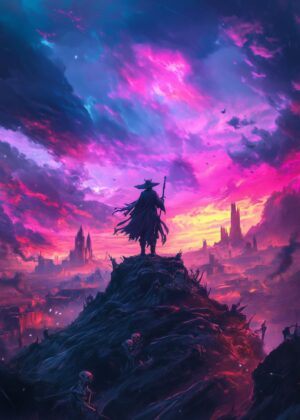 Silhouetted Warrior at Sunset: Epic Fantasy Artwork - Premium Wooden Framed Poster. Ready to Hang.