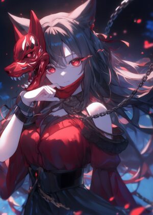 Anime Girl with Kitsune Mask: Fiery Red Artwork - Premium Wooden Framed Poster. Ready to Hang.