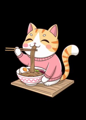 Kawaii Ramen Cat: A Cute Anime Noodle Lover Illustration - Premium Wooden Framed Poster. Ready to Hang.