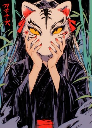 Anime Girl in a Tiger Mask - Premium Wooden Framed Poster. Ready to Hang.