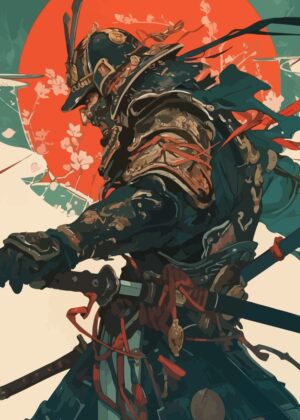 Samurai Warrior: A Breathtaking Digital Art Print - Premium Wooden Framed Poster. Ready to Hang.