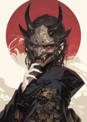 Oni Mask Woman: Dark Beauty and Japanese Folklore - Premium Wooden Framed Poster. Ready to Hang.