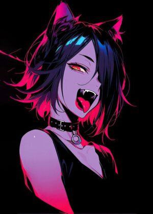Cyberpunk Anime Cat Girl Art Print - Premium Wooden Framed Poster. Ready to Hang.