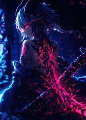 Glowing Tattoo Anime Girl Art Print - Premium Wooden Framed Poster. Ready to Hang.