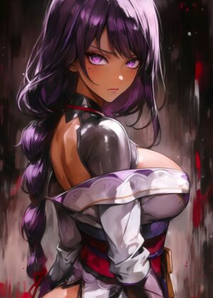 Purple-Haired Anime Samurai Girl Art Print - Premium Wooden Framed Poster. Ready to Hang.