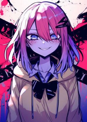 Anime Girl with Pink Hair: A Stunning Piece of Digital Art - Premium Wooden Framed Poster. Ready to Hang.