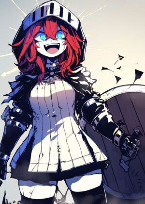 Red-Haired Knight Girl: Anime Art Print - Premium Wooden Framed Poster. Ready to Hang.