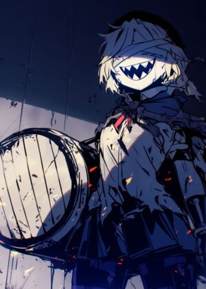 Anime Girl with Barrel: Dark Fantasy Artwork - Premium Wooden Framed Poster. Ready to Hang.