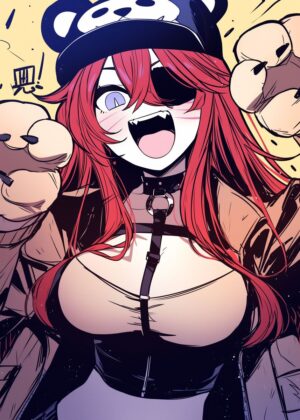 Red-Haired Anime Girl with Panda Bear Ears: Kawaii Art Print - Premium Wooden Framed Poster. Ready to Hang.