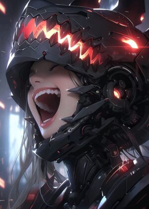 Cyberpunk Anime Girl in Futuristic Armor - Premium Wooden Framed Poster. Ready to Hang.