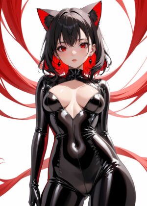 Sexy Anime Girl in Black Catsuit - Red Series - Premium Wooden Framed Poster. Ready to Hang.