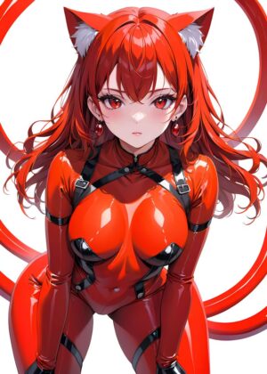 Sexy Red Catgirl Anime Illustration - Red Series Collection 2 - Premium Wooden Framed Poster. Ready to Hang.