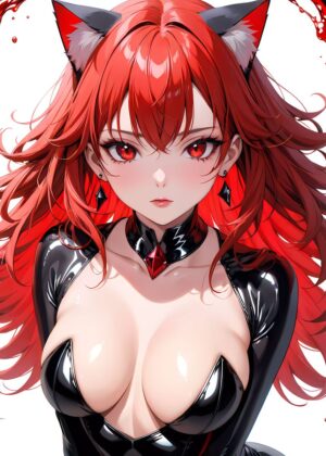 Fiery Anime Catgirl: A Stunning Digital Artwork - Premium Wooden Framed Poster. Ready to Hang.