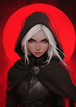 White-Haired Warrior Woman: Digital Art Print - Premium Wooden Framed Poster. Ready to Hang.