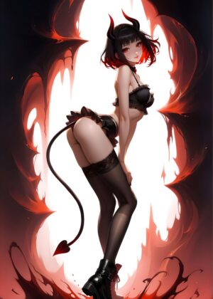 Devil Girl Anime Illustration: Fiery Temptation - Premium Wooden Framed Poster. Ready to Hang.