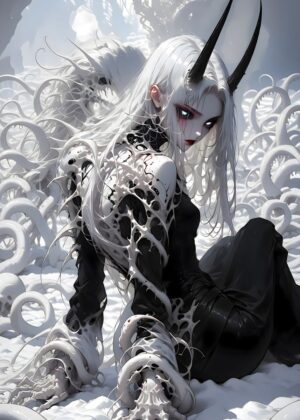 White-Haired Demon Girl Art Print - Premium Wooden Framed Poster. Ready to Hang.