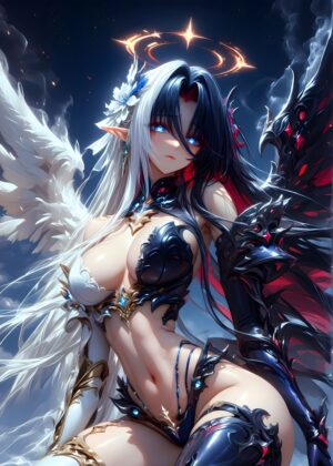 Celestial duality: Angel and Demon Hybrid Art Print - Premium Wooden Framed Poster. Ready to Hang.
