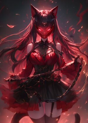 Red-Haired Anime Demon Girl with Mask: Fiery Artwork - Premium Wooden Framed Poster. Ready to Hang.