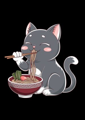 Kawaii Ramen Cat: A Delightful Anime-Style Illustration - Premium Wooden Framed Poster. Ready to Hang.